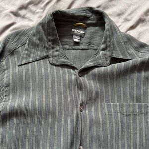 Reunion Men's Green Striped Casual Button Down Shirt